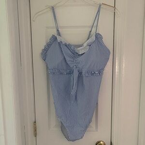 Blue and White Striped Ruffle One-Piece Swimsuit